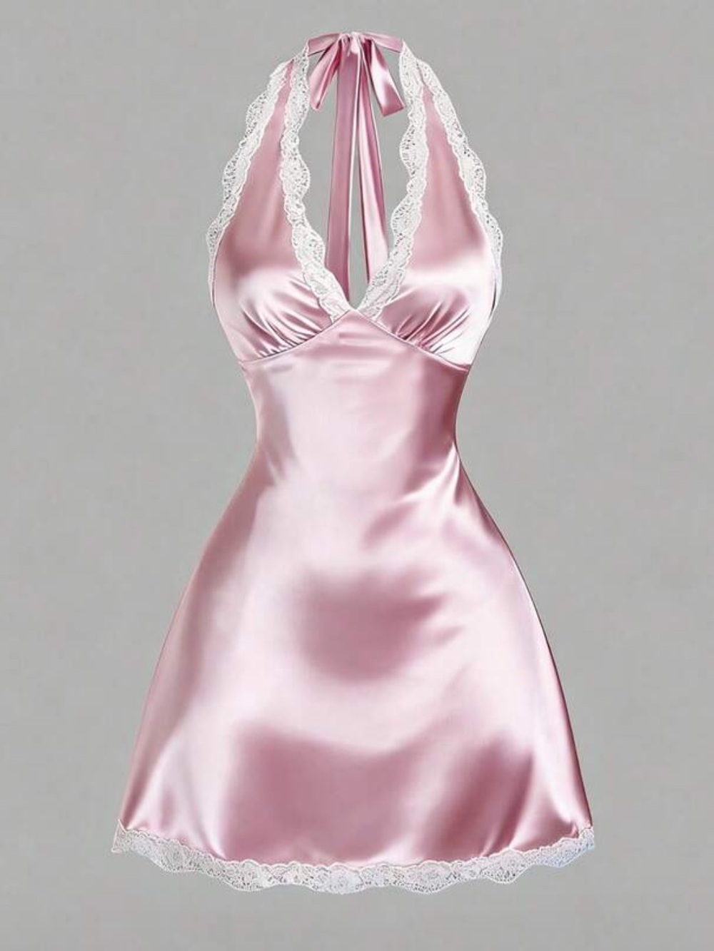 SHEIN pink Satin lace trim Halter neck dress